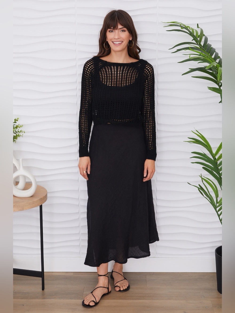 (113002-BLC) SOLID LINEN MIDI SKIRT - Picture 4 of 4
